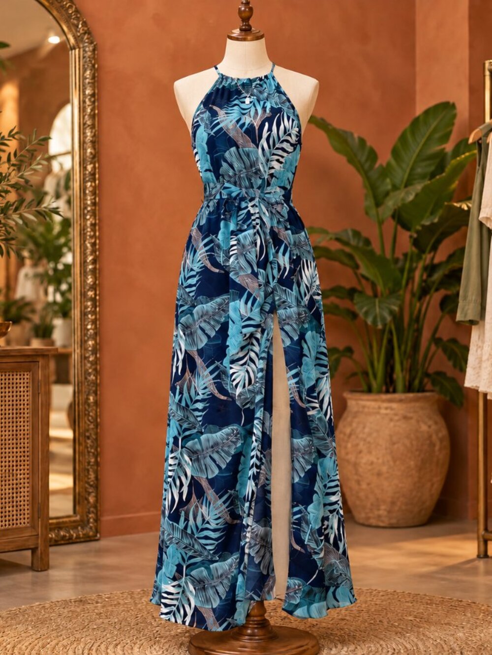 Tropical print split thigh maxi dress
